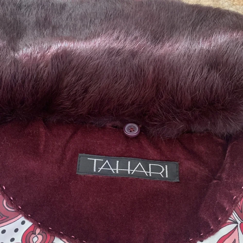 TAHARI Designer Velvet Genuine Fur coat jacket wine red purple M 8 $450 - Picture 10 of 12